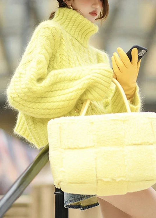 Bell - Sleeve Women's Mohair - Wool Blend SweatersFashion Yellow Hign Neck Thick Ma Hai Mao Short Knit Sweaters Winter Bell - Sleeve Women's Mohair - Wool Blend SweatersFashion Yellow Hign Neck Thick Ma Hai Mao Short Knit Sweaters Winter