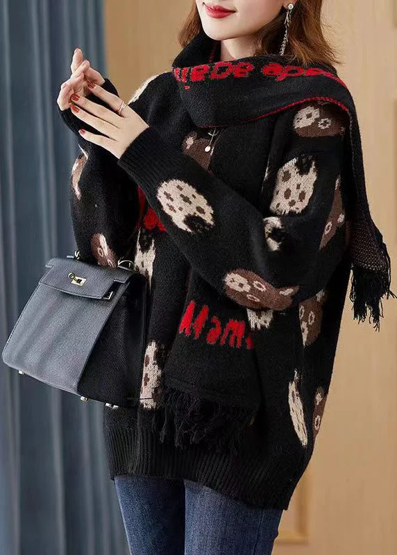 Plus Size Women's Ruffled Hem Sweaters in Floral PrintsFitted Black Print Free Scarf Knit Pullover Winter Plus Size Women's Ruffled Hem Sweaters in Floral PrintsFitted Black Print Free Scarf Knit Pullover Winter
