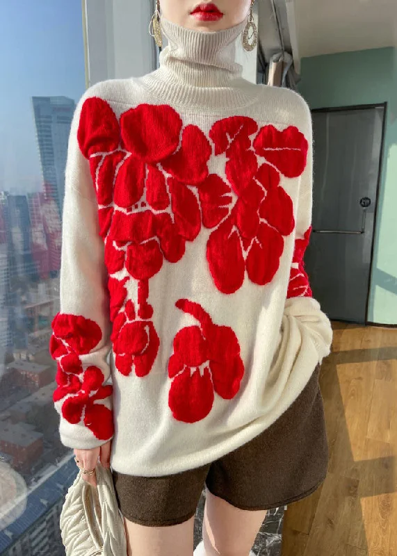 Bell - Sleeve Women's Mohair - Wool Blend SweatersFloral White Turtleneck Patchwork Cotton Wool Knit Shirts Long Sleeve Bell - Sleeve Women's Mohair - Wool Blend SweatersFloral White Turtleneck Patchwork Cotton Wool Knit Shirts Long Sleeve
