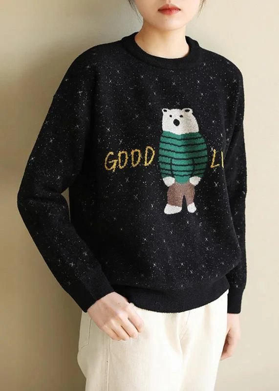 Mock Neck Women's Alpaca Wool Sweaters in Earth TonesFor Spring black knit tops o neck Loose fitting Cartoon print knitted blouse Mock Neck Women's Alpaca Wool Sweaters in Earth TonesFor Spring black knit tops o neck Loose fitting Cartoon print knitted blouse