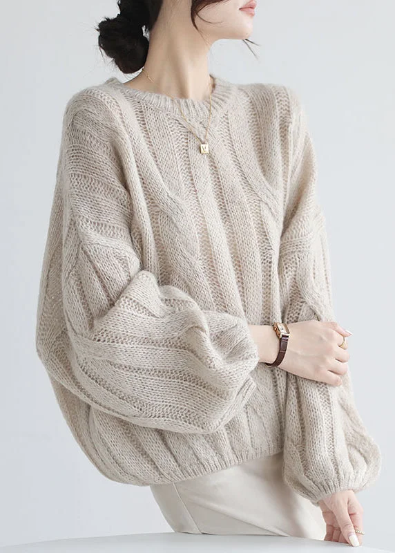 Plus Size Women's Sequined Sweaters for Special OccasionsFrench Apricot O Neck Puff Sleeve Cable Knit Woolen Sweater Plus Size Women's Sequined Sweaters for Special OccasionsFrench Apricot O Neck Puff Sleeve Cable Knit Woolen Sweater