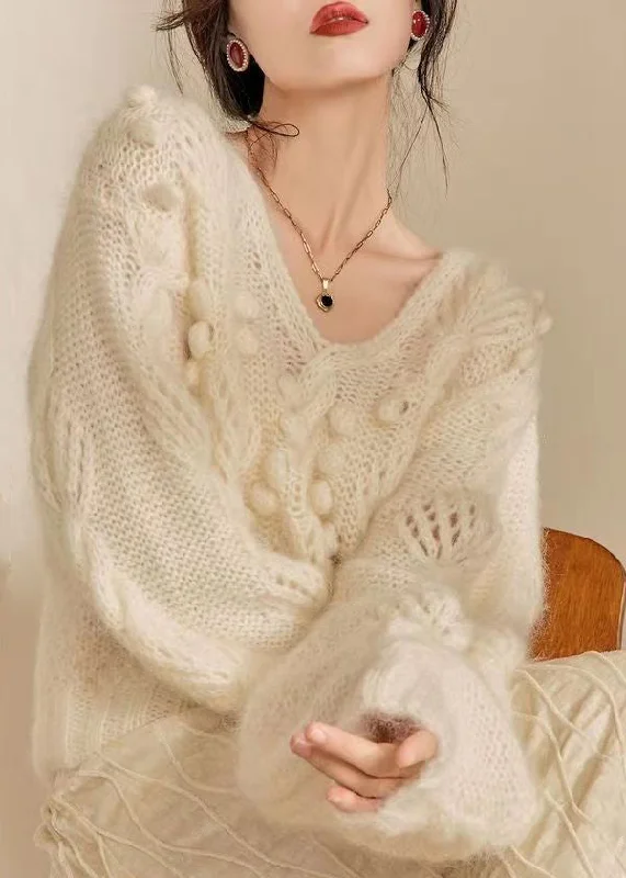 Button - Down Women's Shetland Wool Sweaters in Traditional PatternsFrench Beige V Neck Hollow Out Knit Sweater Tops Spring