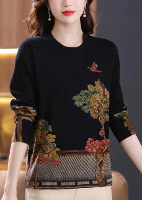 Bell - Sleeve Women's Mohair - Wool Blend SweatersFrench Black O Neck Print Patchwork Wool Knit Top Spring Bell - Sleeve Women's Mohair - Wool Blend SweatersFrench Black O Neck Print Patchwork Wool Knit Top Spring