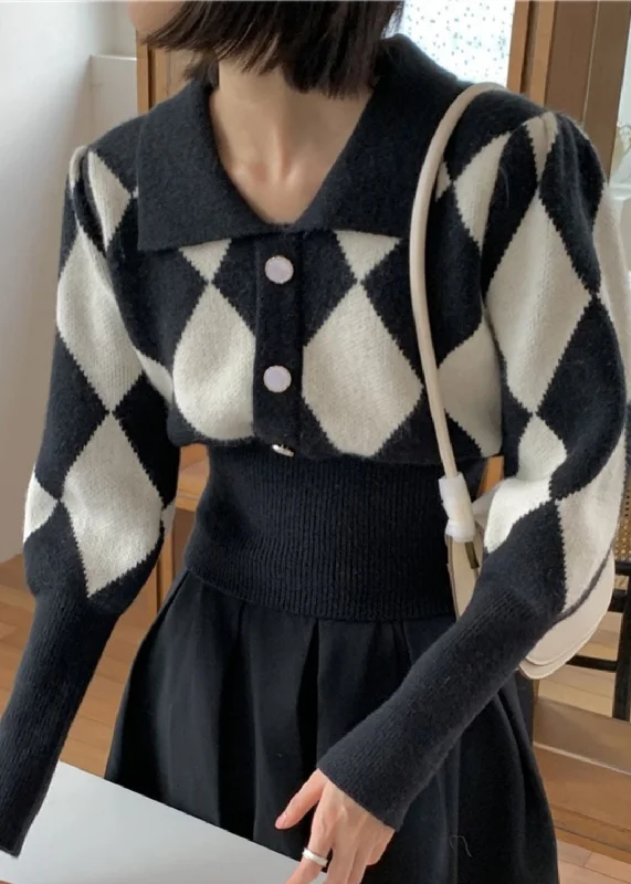 Button - Down Women's Shetland Wool Sweaters in Traditional PatternsFrench Black Peter Pan Collar Plaid Knit Sweaters Fall