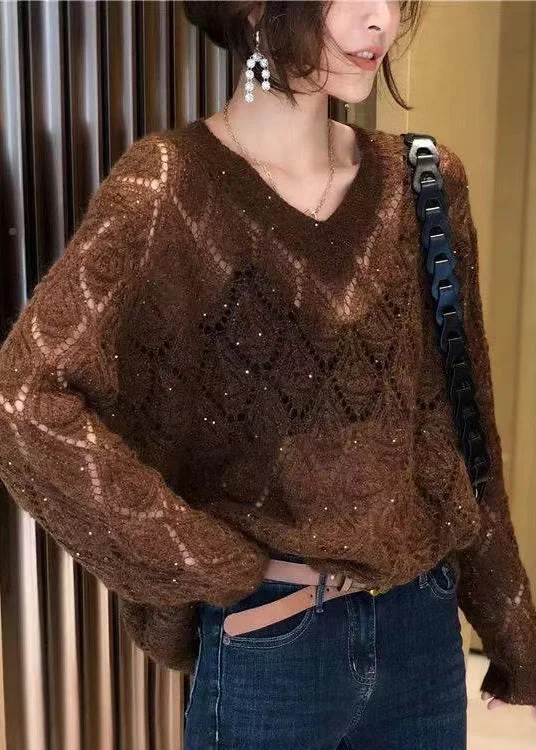Plus Size Women's Oversized Chunky Knit SweatersFrench Coffee V Neck Hollow Out Thin Knitted Tops Spring Plus Size Women's Oversized Chunky Knit SweatersFrench Coffee V Neck Hollow Out Thin Knitted Tops Spring