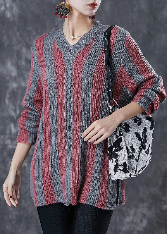 V - Neck Women's Ribbed Wool Sweaters for FallFrench Colorblock V Neck Striped Knit Top Spring V - Neck Women's Ribbed Wool Sweaters for FallFrench Colorblock V Neck Striped Knit Top Spring