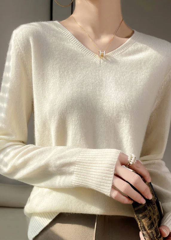 High - Low Hem Women's Cashmere - Blended SweatersFrench Fitted White V Neck Cashmere Knitted Tops Spring