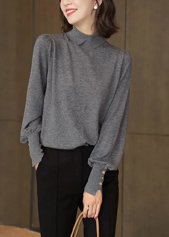 Tie - Front Women's Lambswool Sweaters in Pastel HuesFrench Grey Peter Pan Collar Patchwork Woolen Knitted Tops Lantern Sleeve Tie - Front Women's Lambswool Sweaters in Pastel HuesFrench Grey Peter Pan Collar Patchwork Woolen Knitted Tops Lantern Sleeve
