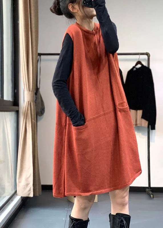 Plus Size Women's Side - Slit Sweaters in Bold SolidsFrench Orange Red O-Neck Pockets Fall Sweater Dress Knit Vest Plus Size Women's Side - Slit Sweaters in Bold SolidsFrench Orange Red O-Neck Pockets Fall Sweater Dress Knit Vest
