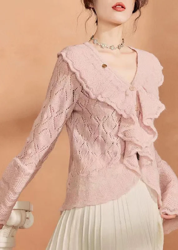 High - Low Hem Women's Cashmere - Blended SweatersFrench Pink Ruffled Hollow Out Knit Sweaters Flare Sleeve