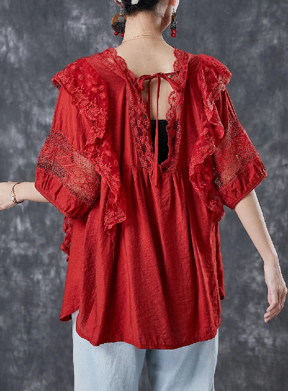 Hooded Women's Fleece - Lined Sweaters for WinterFrench Red Ruffled Patchwork Cotton Sweater Tops Short Sleeve Hooded Women's Fleece - Lined Sweaters for WinterFrench Red Ruffled Patchwork Cotton Sweater Tops Short Sleeve