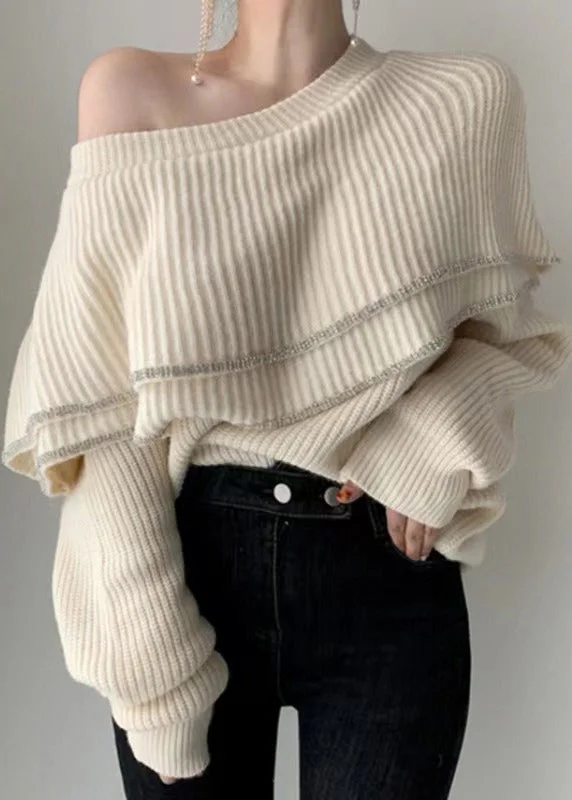 Plus Size Women's Side - Slit Sweaters in Bold SolidsFrench White One Line Collar Ruffled Long Sleeved Knit Sweater Plus Size Women's Side - Slit Sweaters in Bold SolidsFrench White One Line Collar Ruffled Long Sleeved Knit Sweater