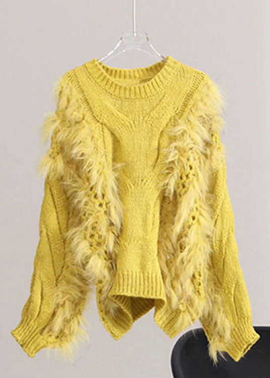 Cropped Women's Angora Blend Sweaters for a Trendy LookFrench Yellow O-Neck Hole Patchwork Knit Pullover Spring Cropped Women's Angora Blend Sweaters for a Trendy LookFrench Yellow O-Neck Hole Patchwork Knit Pullover Spring