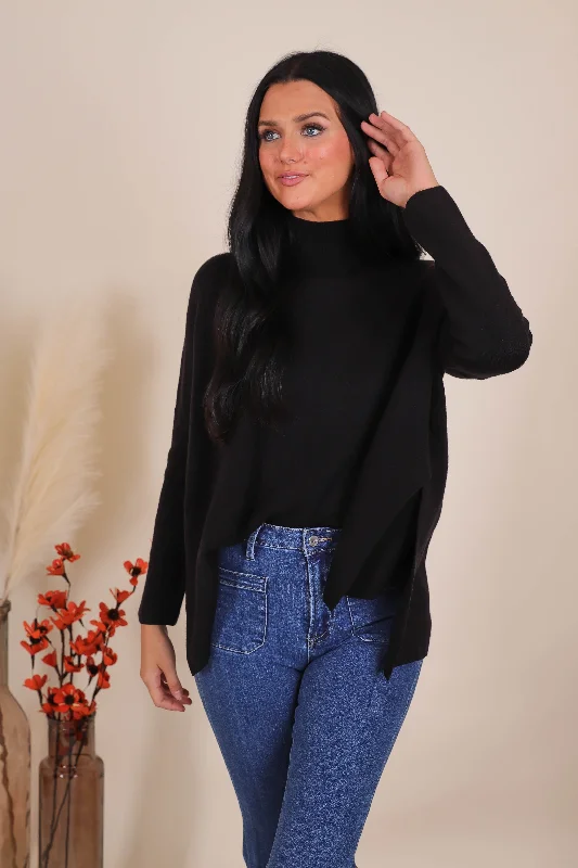 Plus Size Women's Ruffled Hem Sweaters in Floral PrintsGoing For It Sweater-Black