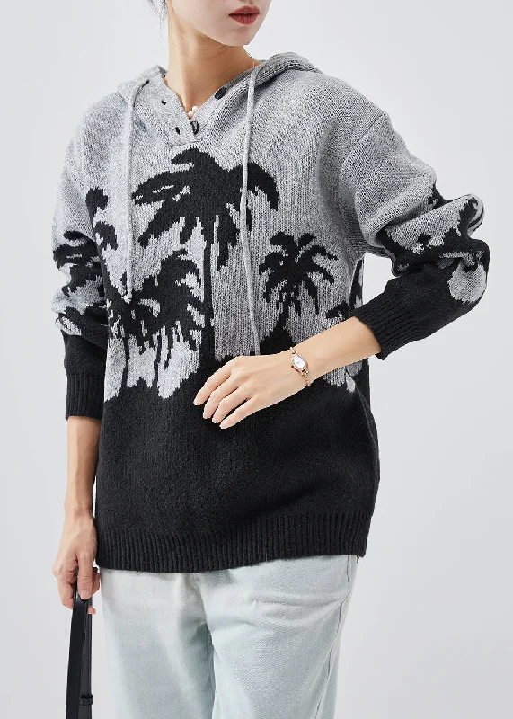 Hooded Women's Fleece - Lined Sweaters for WinterGrey Jacquard Knit Loose Sweatshirts Top Hooded Spring Hooded Women's Fleece - Lined Sweaters for WinterGrey Jacquard Knit Loose Sweatshirts Top Hooded Spring