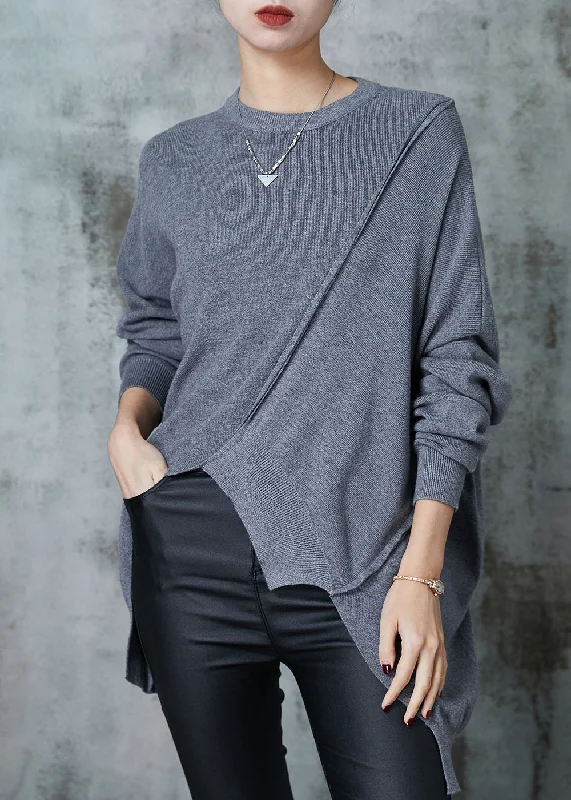 Cropped Women's Angora Blend Sweaters for a Trendy LookGrey Patchwork Knit Sweater Asymmetrical Design Spring Cropped Women's Angora Blend Sweaters for a Trendy LookGrey Patchwork Knit Sweater Asymmetrical Design Spring