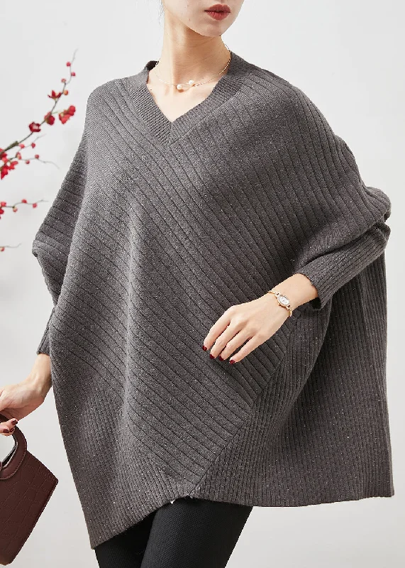 Plus Size Women's Side - Slit Sweaters in Bold SolidsGrey Patchwork Knitted Tops Oversized Batwing Sleeve Plus Size Women's Side - Slit Sweaters in Bold SolidsGrey Patchwork Knitted Tops Oversized Batwing Sleeve