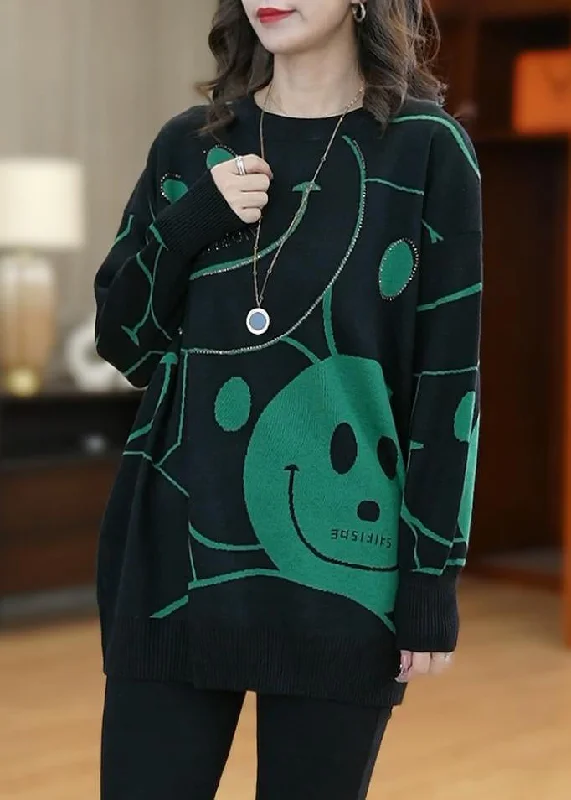 Hooded Women's Fleece - Lined Sweaters for WinterHandmade Green O-Neck Smil Print Cotton Knit Sweaters Top Long Sleeve Hooded Women's Fleece - Lined Sweaters for WinterHandmade Green O-Neck Smil Print Cotton Knit Sweaters Top Long Sleeve