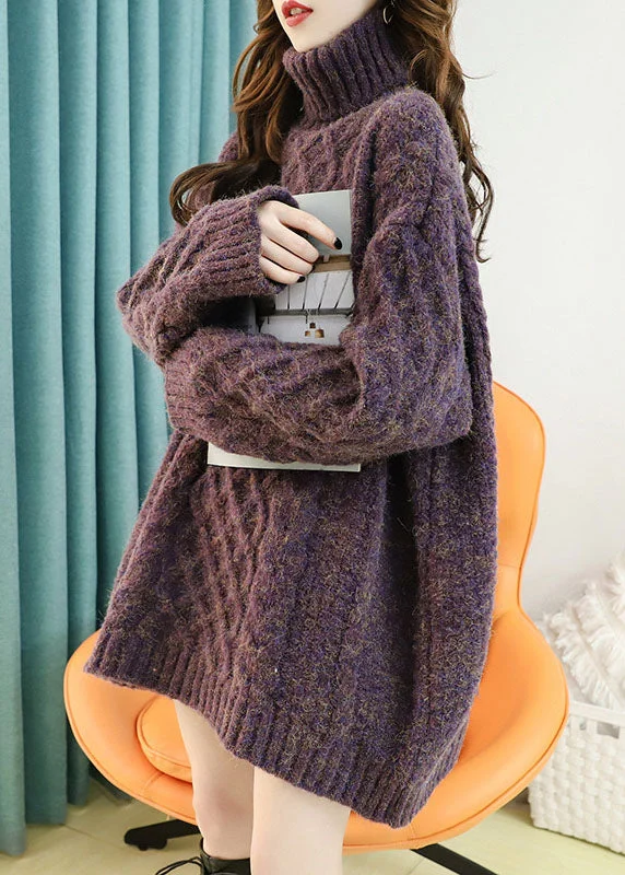 Plus Size Women's Embroidered Sweaters in Ethnic StylesHandmade Purple Turtle Neck Winter Knit sweaters Plus Size Women's Embroidered Sweaters in Ethnic StylesHandmade Purple Turtle Neck Winter Knit sweaters