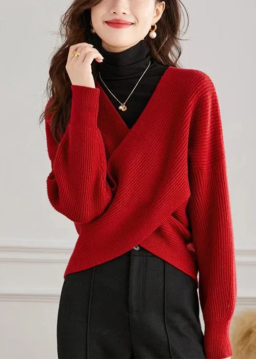 Button - Down Women's Shetland Wool Sweaters in Traditional PatternsHandmade Red V Neck Cross Connection Knit Tops Spring Button - Down Women's Shetland Wool Sweaters in Traditional PatternsHandmade Red V Neck Cross Connection Knit Tops Spring