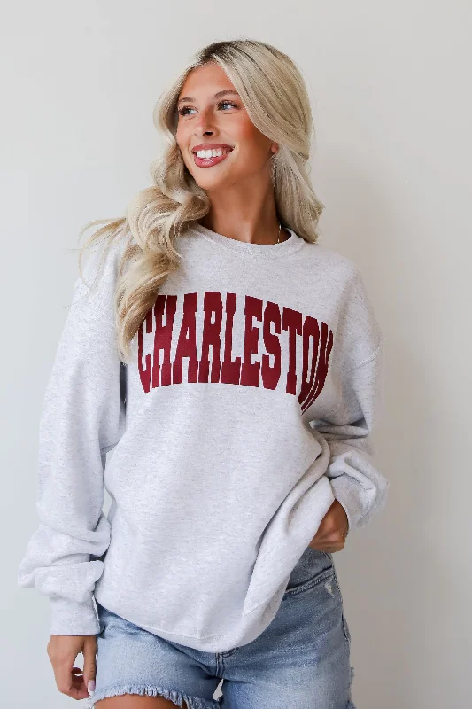 Plus Size Women's Oversized Chunky Knit SweatersHeather Grey Charleston Block Letter Sweatshirt Plus Size Women's Oversized Chunky Knit SweatersHeather Grey Charleston Block Letter Sweatshirt