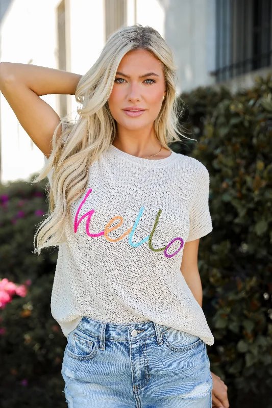 Plus Size Women's Ruffled Hem Sweaters in Floral PrintsHello Cream Lightweight Knit Top Plus Size Women's Ruffled Hem Sweaters in Floral PrintsHello Cream Lightweight Knit Top