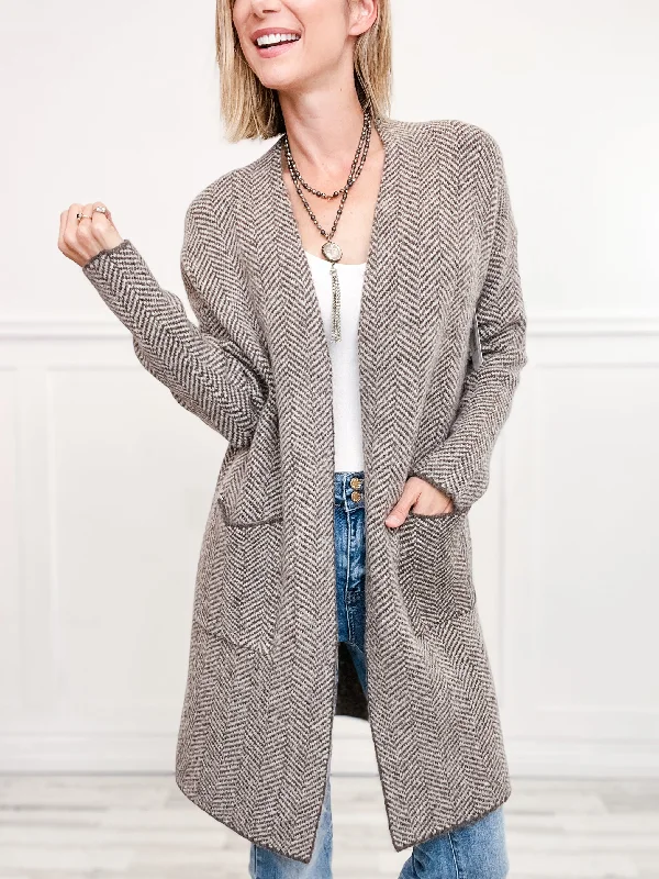 organic cotton women cardigan for an eco - friendly choiceHerringbone Pattern Open Front Cardigan Coat organic cotton women cardigan for an eco - friendly choiceHerringbone Pattern Open Front Cardigan Coat