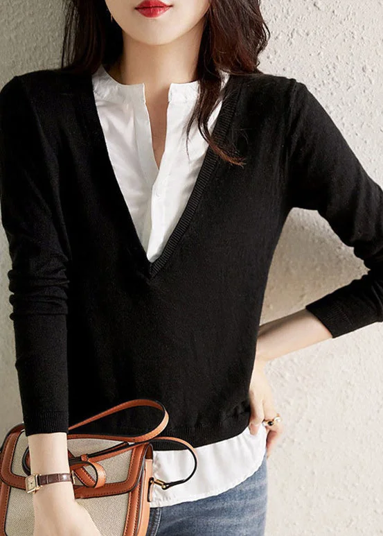 Boat Neck Women's Merino Wool Sweaters in Neutral ShadesItalian Black False Two Pieces Patchwork Knit Sweater Spring Boat Neck Women's Merino Wool Sweaters in Neutral ShadesItalian Black False Two Pieces Patchwork Knit Sweater Spring