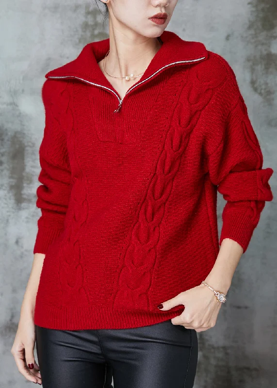 High - Low Hem Women's Cashmere - Blended SweatersItalian Red Zip Up Cable Knit Sweatshirt Sweater Spring High - Low Hem Women's Cashmere - Blended SweatersItalian Red Zip Up Cable Knit Sweatshirt Sweater Spring