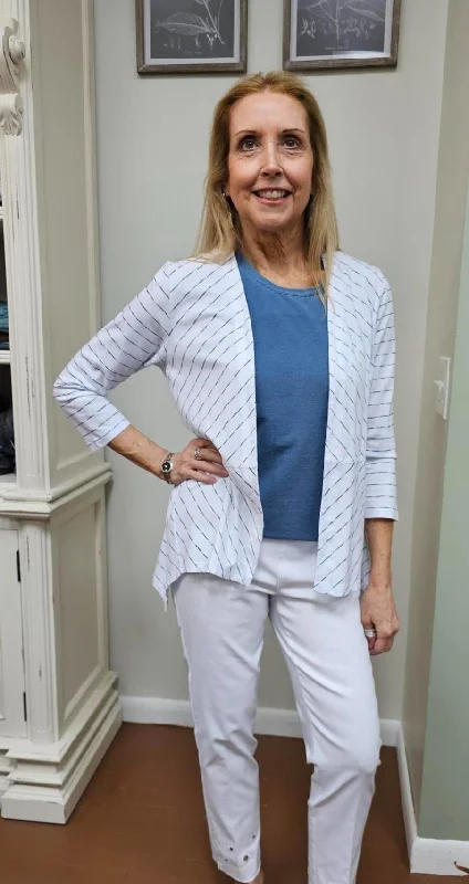 cable knit women cardigan with intricate patternsJacket - Casual Open Front - White / Denim - 3/4 Sleeve -Light Stripe - Womens-24109 cable knit women cardigan with intricate patternsJacket - Casual Open Front - White / Denim - 3/4 Sleeve -Light Stripe - Womens-24109