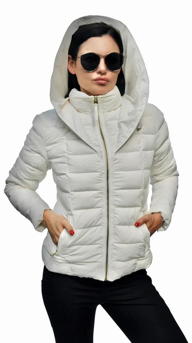 hand knitted women cardigan with artisanal charmJacket Down Puffer With Hood Zipper Front Antique White Tania Women's hand knitted women cardigan with artisanal charmJacket Down Puffer With Hood Zipper Front Antique White Tania Women's