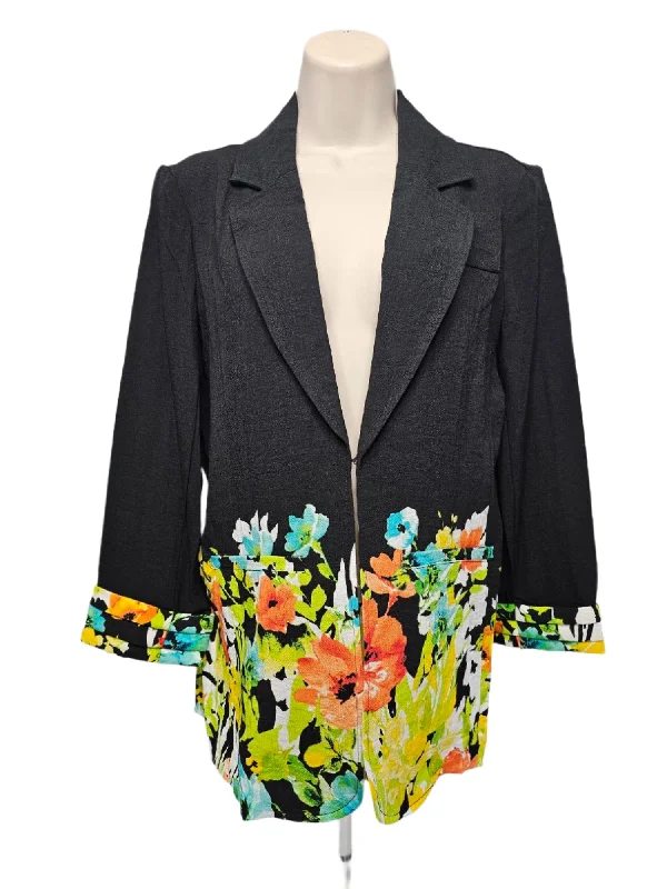 lightweight women cardigan for spring and fallJacket Tucked Cuff 3/4 Sleeve Lapel Front Welt Pock - Black with Flowered bottom - M14405JM lightweight women cardigan for spring and fallJacket Tucked Cuff 3/4 Sleeve Lapel Front Welt Pock - Black with Flowered bottom - M14405JM