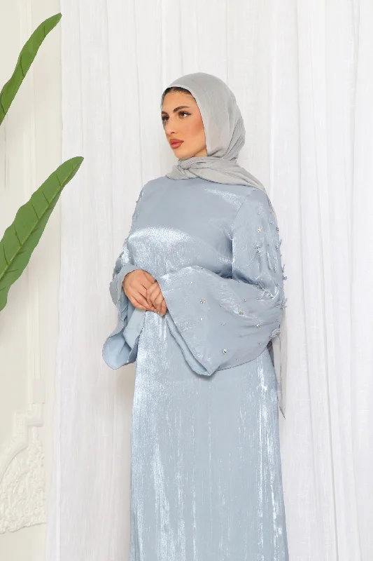 plus size women cardigan for comfortable layeringJouri Organza Beaded Dress- Blue Gray plus size women cardigan for comfortable layeringJouri Organza Beaded Dress- Blue Gray