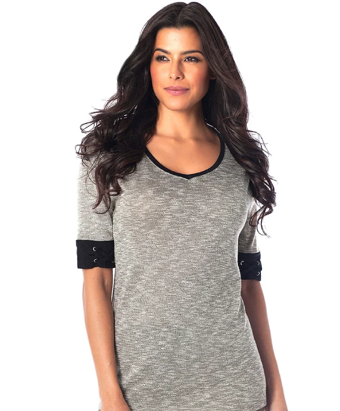 Plus Size Women's Belted Cable Knit SweatersKaia V-Neck Banded Sleeve Top