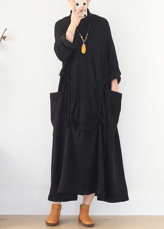 Split - Hem Women's Linen Blend Sweaters for SpringKnitted black Sweater Aesthetic Design high neck patchwork Hipster sweater dress