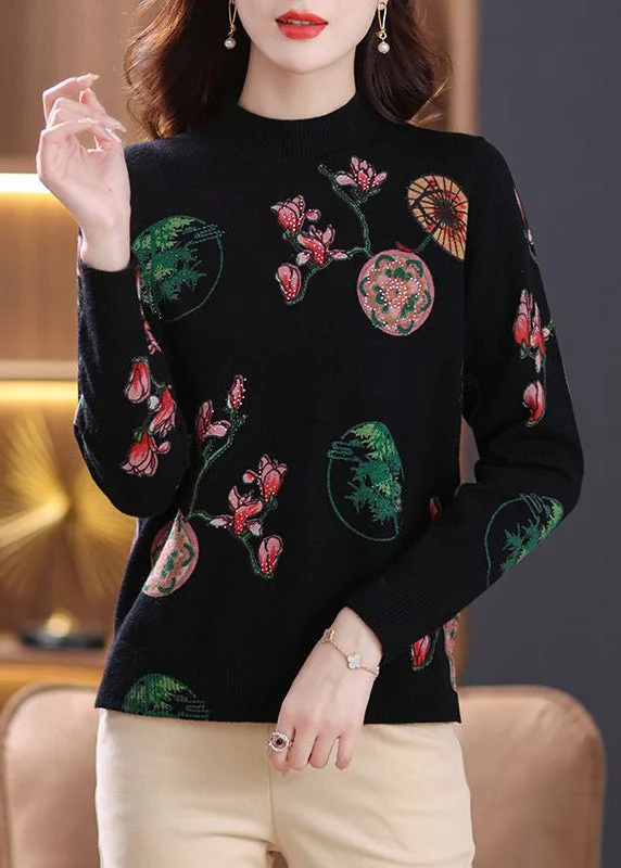 Women's Long Sleeve Turtleneck Cashmere SweatersLoose Black Zircon Print Wool Knit Sweaters Spring Women's Long Sleeve Turtleneck Cashmere SweatersLoose Black Zircon Print Wool Knit Sweaters Spring