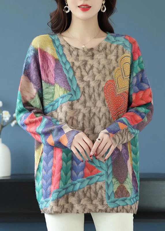 Short Sleeve Women's Cotton Blend Sweaters in Pastel ColorsLoose Rainbow O Neck Print Patchwork Wool Knit Tops Spring