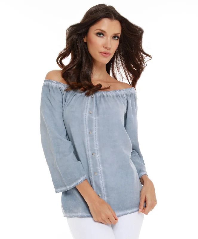 V - Neck Women's Ribbed Wool Sweaters for FallLuciana Button Off The Shoulder Top