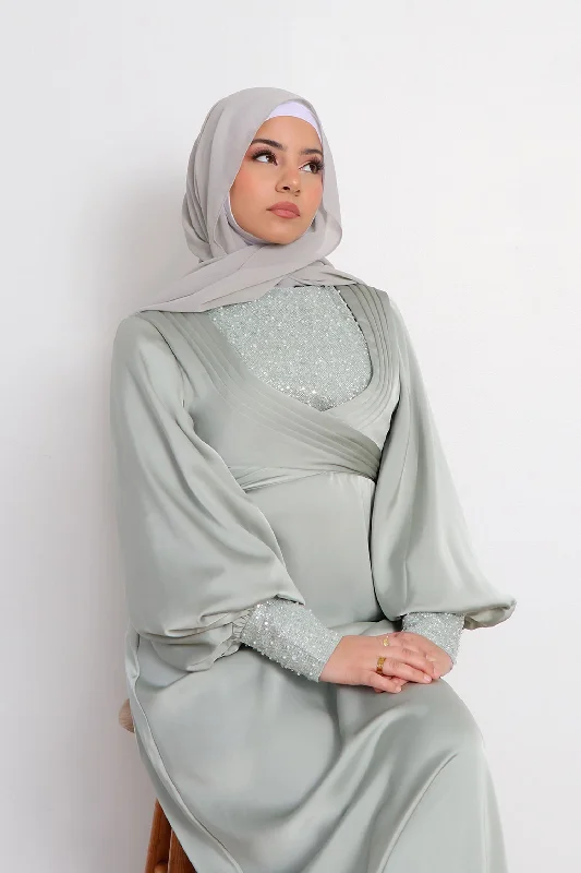 cropped women cardigan to pair with high - waisted jeansLydia VIP Luxury Pearl Satin Dress- Mint Gray cropped women cardigan to pair with high - waisted jeansLydia VIP Luxury Pearl Satin Dress- Mint Gray