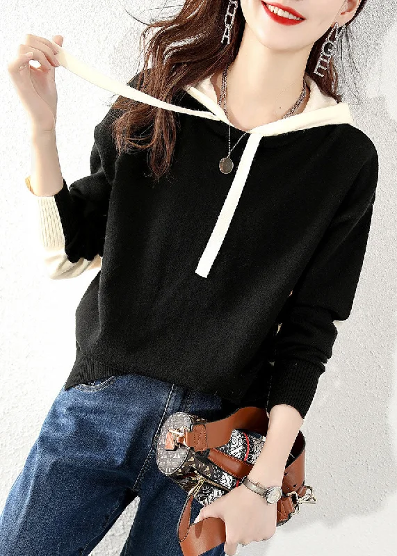 High - Low Hem Women's Cashmere - Blended SweatersModern Black Hooded fashion Knit Sweater Tops Winter High - Low Hem Women's Cashmere - Blended SweatersModern Black Hooded fashion Knit Sweater Tops Winter