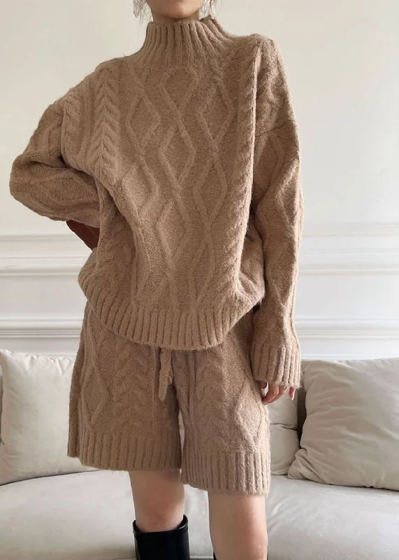 Cropped Women's Angora Blend Sweaters for a Trendy LookModern Khaki Turtle Neck cable Knit Two Pieces Set Winter