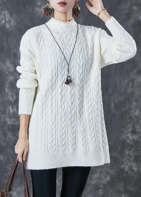 Plus Size Women's Embroidered Sweaters in Ethnic StylesModern White Ruffled Warm Cable Knit Pullover Spring Plus Size Women's Embroidered Sweaters in Ethnic StylesModern White Ruffled Warm Cable Knit Pullover Spring