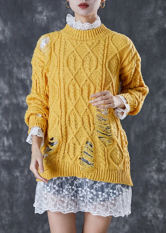 Button - Down Women's Shetland Wool Sweaters in Traditional PatternsModern Yellow Thick Knit Ripped Sweater And Lace Dress Two Pieces Set Winter Button - Down Women's Shetland Wool Sweaters in Traditional PatternsModern Yellow Thick Knit Ripped Sweater And Lace Dress Two Pieces Set Winter
