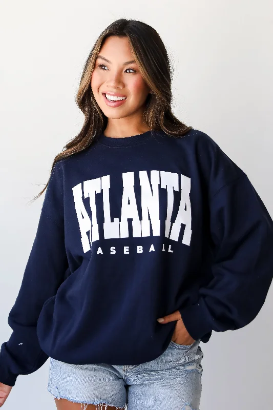 Hooded Women's Fleece - Lined Sweaters for WinterNavy Atlanta Baseball Sweatshirt