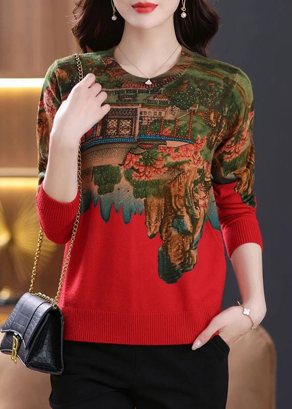 Plus Size Women's Side - Slit Sweaters in Bold SolidsNew Red Print Zircon Patchwork Knit Top Spring Plus Size Women's Side - Slit Sweaters in Bold SolidsNew Red Print Zircon Patchwork Knit Top Spring