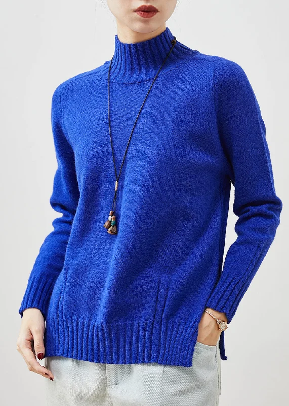 Button - Down Women's Shetland Wool Sweaters in Traditional PatternsOrganic Blue High Neck Side Open Knit Sweater Spring