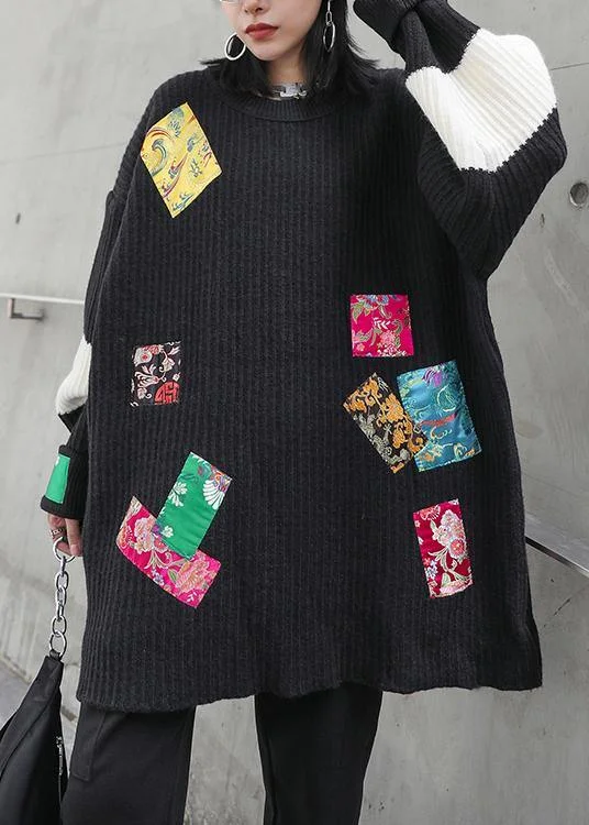 Plus Size Women's Sequined Sweaters for Special OccasionsOversized black knitted pullover o neck patchwork oversized knitted blouse Plus Size Women's Sequined Sweaters for Special OccasionsOversized black knitted pullover o neck patchwork oversized knitted blouse