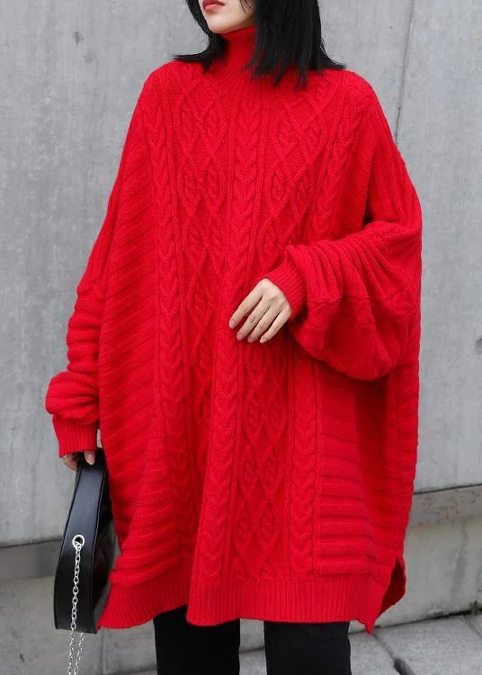 Plus Size Women's Belted Cable Knit SweatersOversized red Letter knitted t shirt high neck side open knitted blouse Plus Size Women's Belted Cable Knit SweatersOversized red Letter knitted t shirt high neck side open knitted blouse