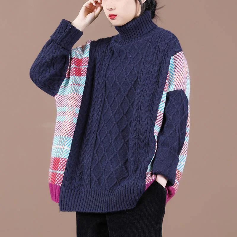 Plus Size Women's Oversized Chunky Knit SweatersPullover blue plaid knit tops spring fashion high neck knit blouse Plus Size Women's Oversized Chunky Knit SweatersPullover blue plaid knit tops spring fashion high neck knit blouse
