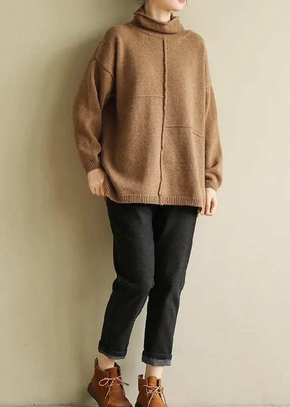 Plus Size Women's Embroidered Sweaters in Ethnic StylesPullover brown clothes For Women patchwork casual Turtleneck knit tops Plus Size Women's Embroidered Sweaters in Ethnic StylesPullover brown clothes For Women patchwork casual Turtleneck knit tops